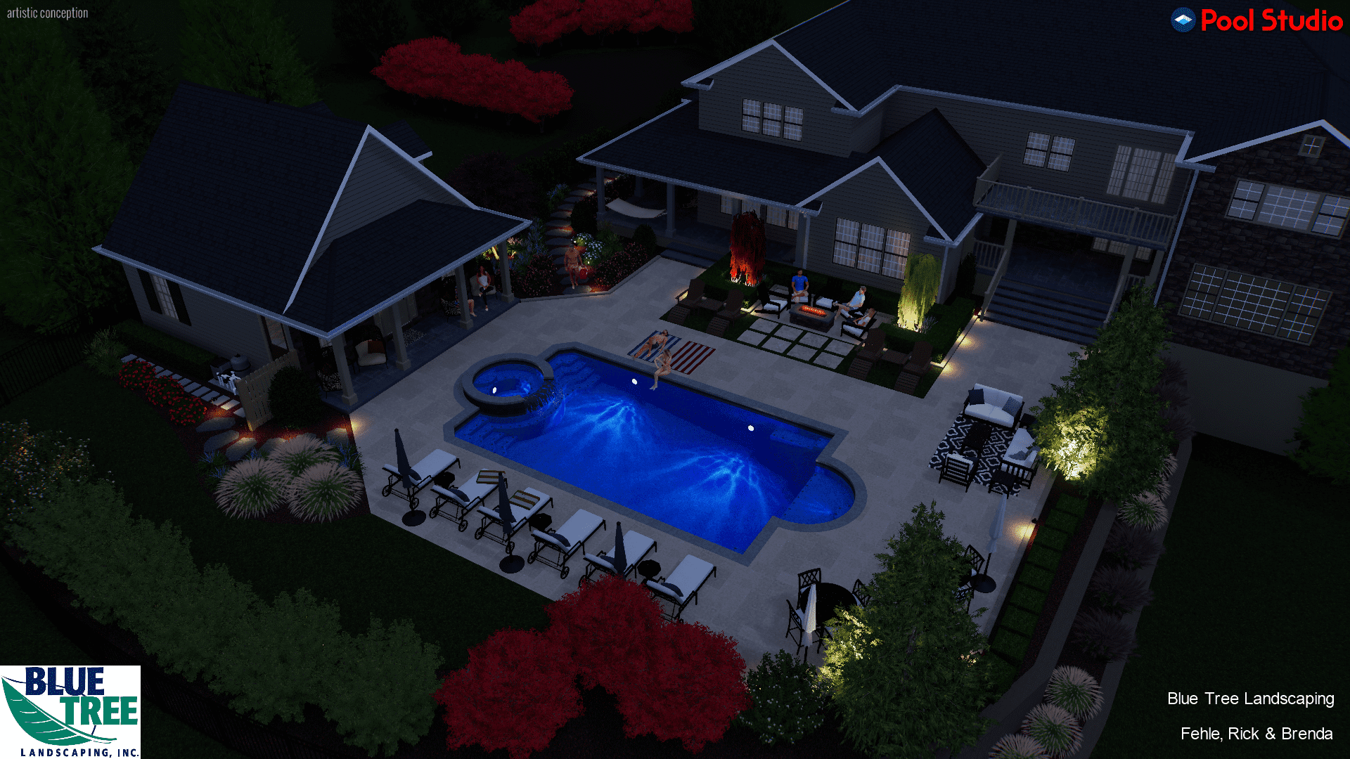 A nighttime view of a landscaped backyard with a lit swimming pool, patio seating, a fire pit, and surrounding plants.