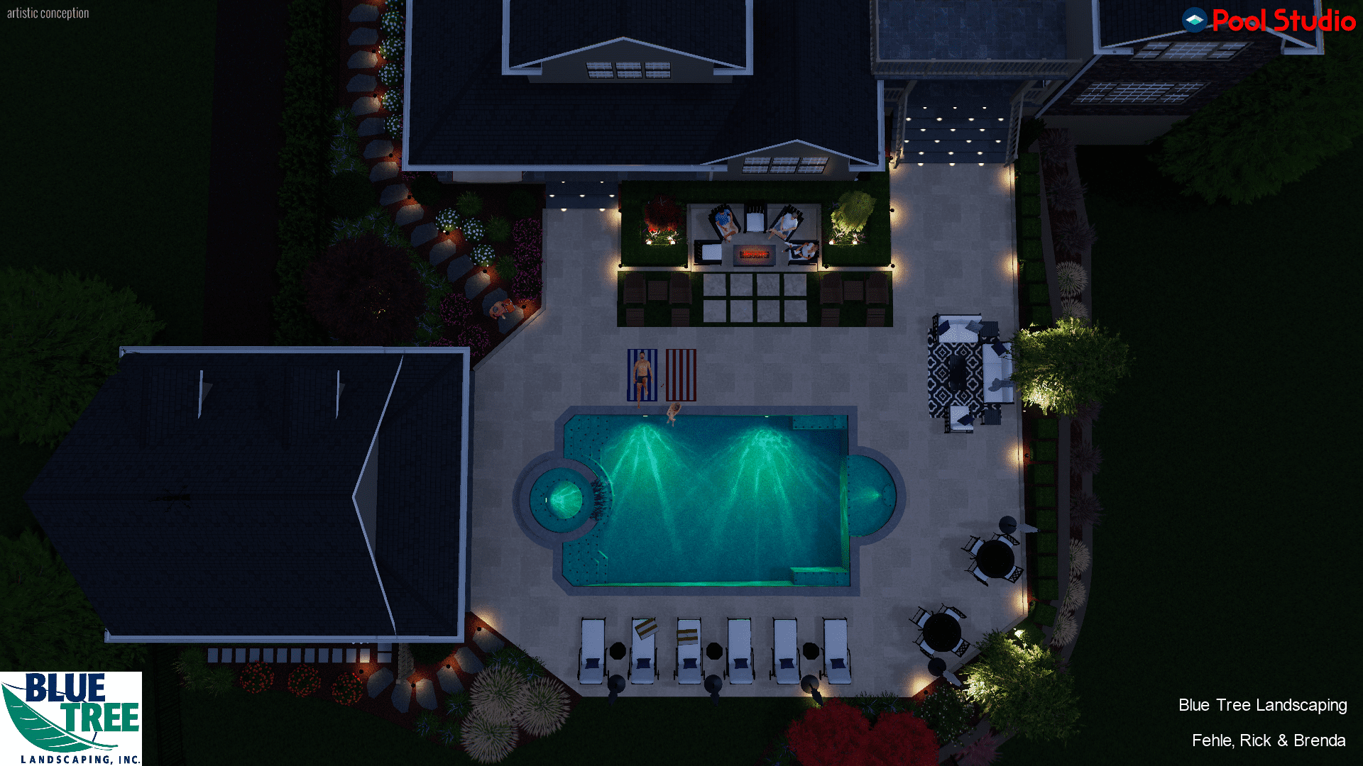 A nighttime aerial view of a Southeastern PA backyard with a lit pool, lounge chairs, a fire pit area, and illuminated landscaping.