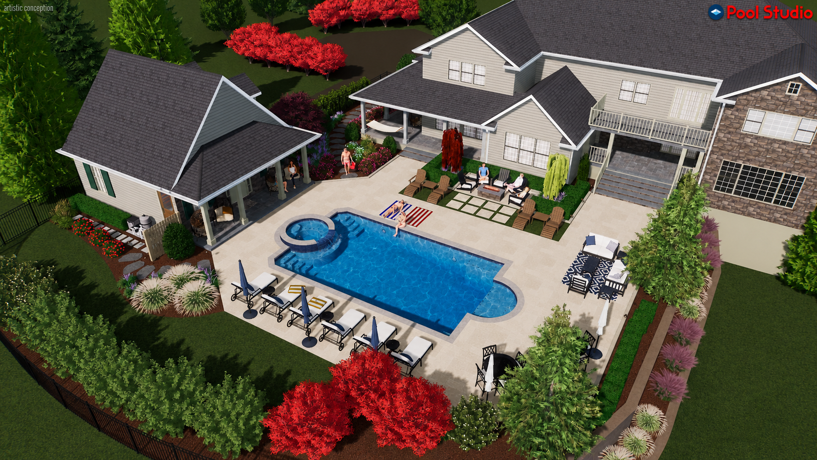 Pool Studio concept rendering of a custom pool, spa, patio, and landscape design by Blue Tree Outdoor Living.